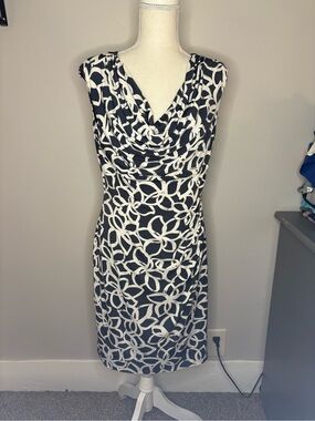 Anne Klein Navy and White Cowl Neck Midi Dress
